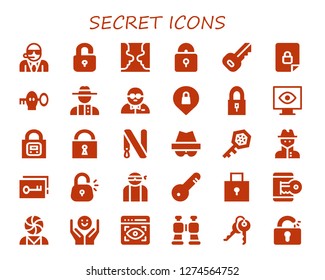  secret icon set. 30 filled secret icons. Simple modern icons about  - Bodyguard, Unlock, Psychology, Padlock, Key, Locked, Detective, Privacy, View, Lock, Key ring, Hacker, Spy