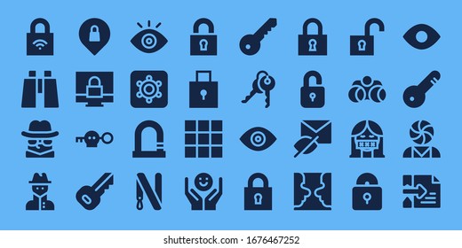 secret icon set. 32 filled secret icons. on blue background style Simple modern icons such as: Lock, Binoculars, Detective, Spy, Privacy, Padlock, Key, View, Hidden camera, Key ring