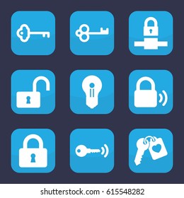 Secret icon. set of 9 filled secret icons such as lock, opened lock, heart key, key