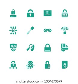 secret icon set. Collection of 16 filled secret icons included Unlocked, Padlock, Bodyguard, Lock, Detective, Anonymous, Binoculars, Key, Keypad, Password