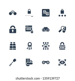 secret icon set. Collection of 16 filled secret icons included View, Binoculars, Padlock, Key, Keys, Detective, Password, Preview