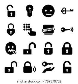 Secret icons. set of 16 editable filled secret icons such as opened lock, key, emot with zipper mouth, hand on atm, lock, heart lock, keyhole, censored