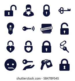 secret icons set. Set of 16 secret filled icons such as lock, opened lock, key, emot with zipper mouth, heart lock, heart key, censored woman, censored, keyhole