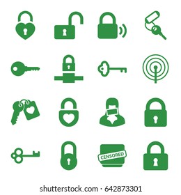 Secret icons set. set of 16 secret filled icons such as lock, key, opened lock, heart lock, heart key, censored woman