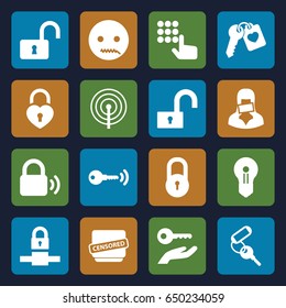 Secret icons set. set of 16 secret filled icons such as lock, key, emot with zipper mouth, opened lock, heart lock, heart key, censored woman, censored, keyhole, key on hand