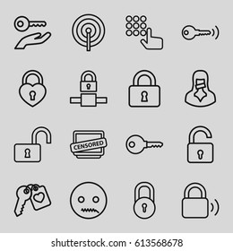 Secret icons set. set of 16 secret outline icons such as lock, opened lock, heart lock, heart key, censored woman, censored, key, emot with zipper mouth, key on hand