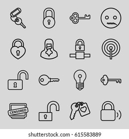 Secret icons set. set of 16 secret outline icons such as lock, key, opened lock, heart lock, heart key, censored woman, censored, emot with zipper mouth