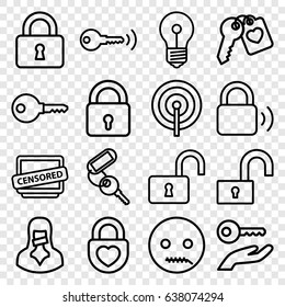 Secret icons set. set of 16 secret outline icons such as lock, key, opened lock, heart lock, heart key, censored woman, censored, emot with zipper mouth, key on hand