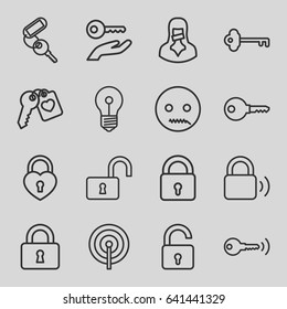 Secret icons set. set of 16 secret outline icons such as lock, opened lock, key, heart lock, heart key, censored woman, emot with zipper mouth, key on hand