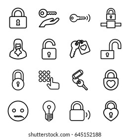 Secret icons set. set of 16 secret outline icons such as lock, opened lock, key, heart lock, heart key, censored woman, emot with zipper mouth, key on hand, hand on atm