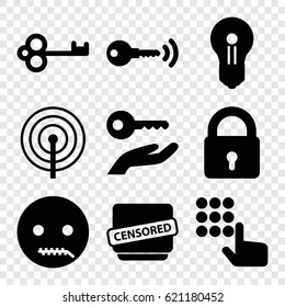Secret icons set. set of 9 secret filled icons such as lock, emot with zipper mouth, censored, key, keyhole, key on hand