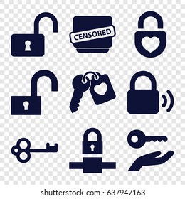 Secret icons set. set of 9 secret filled icons such as opened lock, heart lock, heart key, censored, lock, key on hand