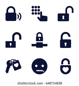 Secret icons set. set of 9 secret filled icons such as opened lock, emot with zipper mouth, heart lock, heart key, lock