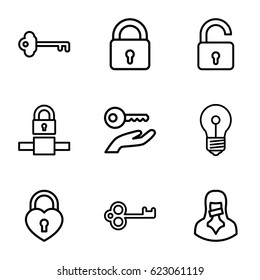 Secret icons set. set of 9 secret outline icons such as lock, opened lock, heart lock, censored woman, key, key on hand