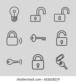 Secret icons set. set of 9 secret outline icons such as lock, opened lock, key