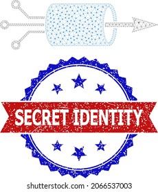 Secret Identity Corroded Stamp Seal, And VPN Integration Icon Triangular Model. Red And Blue Bicolor Seal Has Secret Identity Caption Inside Ribbon And Rosette. Abstract Flat Mesh VPN Integration,