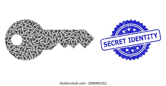 Secret Identity Textured Stamp And Vector Fractal Collage Key. Blue Stamp Seal Includes Secret Identity Title Inside Rosette. Vector Collage Is Composed From Scattered Rotated Key Pictograms.