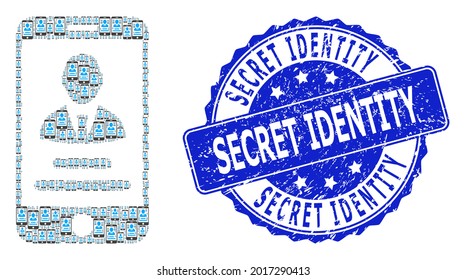 Secret Identity Unclean Round Stamp Seal And Vector Recursive Collage Mobile User Info. Blue Stamp Seal Contains Secret Identity Text Inside Round Shape.