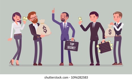 Secret Information Sale. Businessman Gives Confidential Protected Data Exchange For Money, Competitives Buying Marketing Plans, Product Formula, Customer List. Vector Flat Style Cartoon Illustration