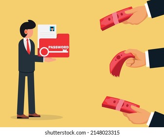 Secret information sale. businessman gives confidential protected data exchange for money, competitives buying marketing plans