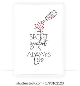 The secret ingredient is always love, vector. Home svg. Minimalist art design. Wording design, lettering isolated on white background. Wall decals, wall art, artwork Home Art decor, poster design