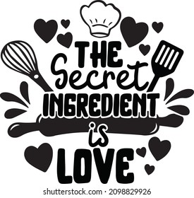 Der geheime Ingredienz ist Liebe. Valentine Pot Holder Lettering. Valentine Kitchen Zitat. Vorlage zum druckvollen Angebot für lustige Backen - Vektordesign