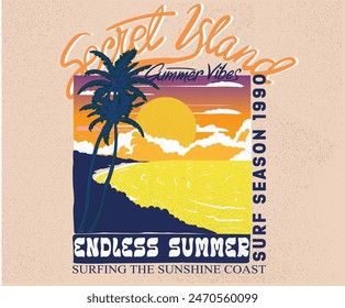 Secret island. Endless summer. Sunshine beach club graphic print design for t shirt print, poster, sticker and other uses. California palm tree. Sunny day at the beach. Ocean wave. Palm tree design.