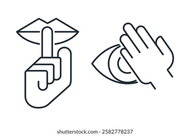 Secret. Keep quiet, don't show. Set of vector linear icons isolated on white background.