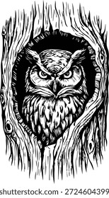 Coruja do Guardião Secreto no projeto do tronco - Árvore Oca Arte da Habitação - Woodland Guardian design - Pássaro Noturno Empoleiramento Ilustração