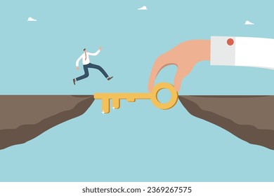 Secret key for achieving highest results at work, help in overcoming difficulties, cooperation and mutual assistance in solving complex problems, hand places key between cliffs so that man crosses.