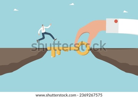 Secret key for achieving highest results at work, help in overcoming difficulties, cooperation and mutual assistance in solving complex problems, hand places key between cliffs so that man crosses.