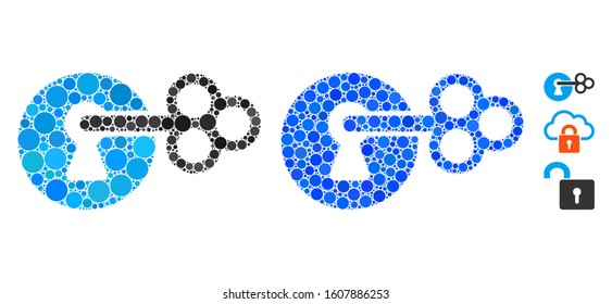 Secret key composition of round dots in different sizes and shades, based on secret key icon. Vector dots are organized into blue mosaic. Dotted secret key icon in usual and blue versions.