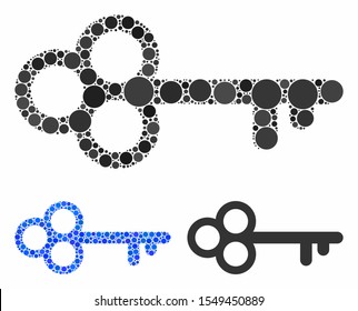Secret key composition of spheric dots in different sizes and shades, based on secret key icon. Vector dots are composed into blue composition. Dotted secret key icon in usual and blue versions.