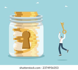 Secret key or methods to achieve wealth, income and wage growth, investment portfolio or business profitability, increase in savings, money management, man with key near jar of coins with keyhole.