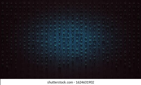 Secret knowledge of the ancestors. Fantasy cryptography with letters in the moonlight. Stylish dark blue background with letters for banners and prints. Wallpaper for the monitor in 9 by 16 format