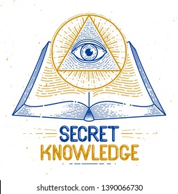 Secret knowledge vintage open book with all seeing eye of god in sacred geometry triangle, insight and enlightenment, masonry or illuminati symbol, vector logo or emblem design element.