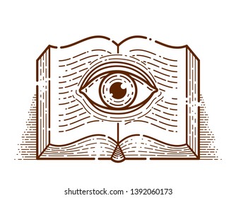 Secret knowledge vintage open book with all seeing eye in text lines, open your mind, insight and enlightenment, education and science or alchemy, vector logo or emblem design element.