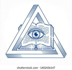 Secret knowledge vintage open book with all seeing eye of god in sacred geometry triangle, insight and enlightenment, masonry or illuminati symbol, vector logo or emblem design element.