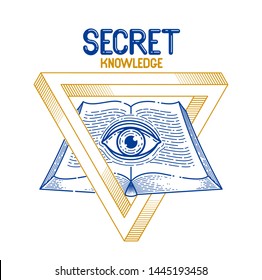 Secret knowledge vintage open book with all seeing eye of god in sacred geometry triangle, insight and enlightenment, masonry or illuminati symbol, vector logo or emblem design element.