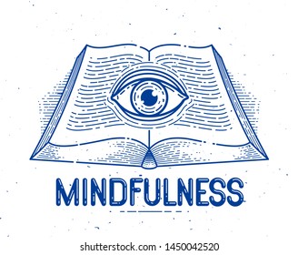Secret knowledge vintage open book with all seeing eye in text lines, open your mind, insight and enlightenment, education and science or alchemy, vector logo or emblem design element.