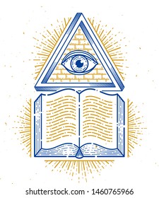 Secret knowledge vintage open book with all seeing eye of god in sacred geometry triangle, insight and enlightenment, masonry or illuminati symbol, vector logo or emblem design element.