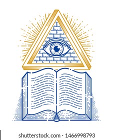 Secret knowledge vintage open book with all seeing eye of god in sacred geometry triangle, insight and enlightenment, masonry or illuminati symbol, vector logo or emblem design element.