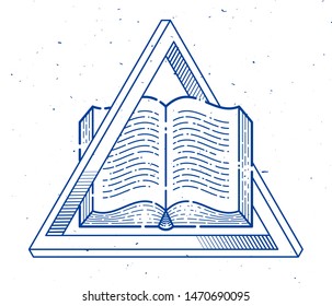 Secret knowledge vintage open book with sacred geometry triangle, insight and enlightenment, education and science, vector logo or emblem design element.