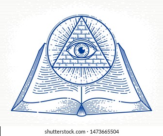 Secret knowledge vintage open book with all seeing eye of god in sacred geometry triangle, insight and enlightenment, masonry or illuminati symbol, vector logo or emblem design element.