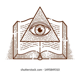 Secret knowledge vintage open book with all seeing eye of god in sacred geometry triangle, insight and enlightenment, masonry or illuminati symbol, vector logo or emblem design element.