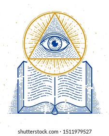 Secret knowledge vintage open book with all seeing eye of god in sacred geometry triangle, insight and enlightenment, masonry or illuminati symbol, vector logo or emblem design element.