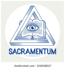 Secret knowledge vintage open book with all seeing eye of god in sacred geometry triangle, insight and enlightenment, masonry or illuminati symbol, vector logo or emblem design element.