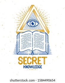Secret knowledge vintage open book with all seeing eye of god in sacred geometry triangle, insight and enlightenment, masonry or illuminati symbol, vector logo or emblem design element.