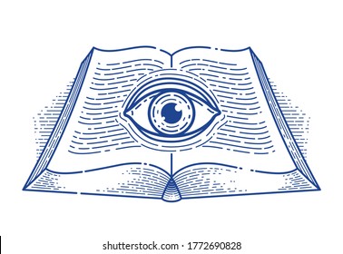 Secret knowledge vintage open book with all seeing eye in text lines, open your mind, insight and enlightenment, education and science or alchemy, vector logo or emblem design element.