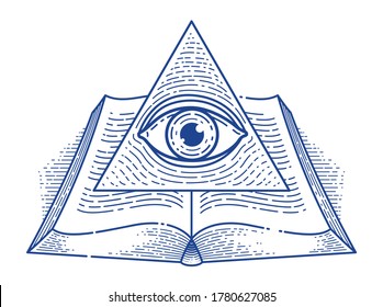 Secret knowledge vintage open book with all seeing eye of god in sacred geometry triangle, insight and enlightenment, masonry or illuminati symbol, vector logo or emblem design element.